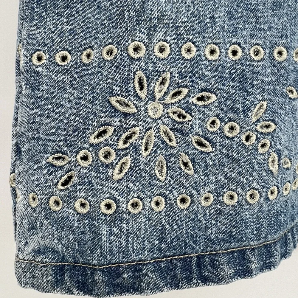 Gloria Vanderbilt Denim Skirt Eyelet Floral Embroidery Boho‎ Cottagecore Size 6